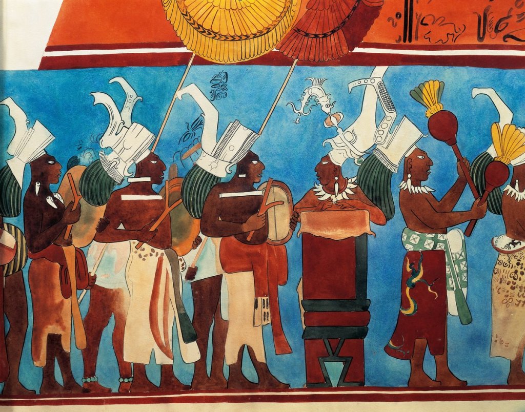 UNSPECIFIED - CIRCA 1900:  Maya civilization, Mexico, 9th century A.D. Reconstruction of Bonampak frescoes. Procession of musicians. Detail.  (Photo By DEA / G. DAGLI ORTI/De Agostini via Getty Images)
FOR EDUCATIONAL USE ONLY. 